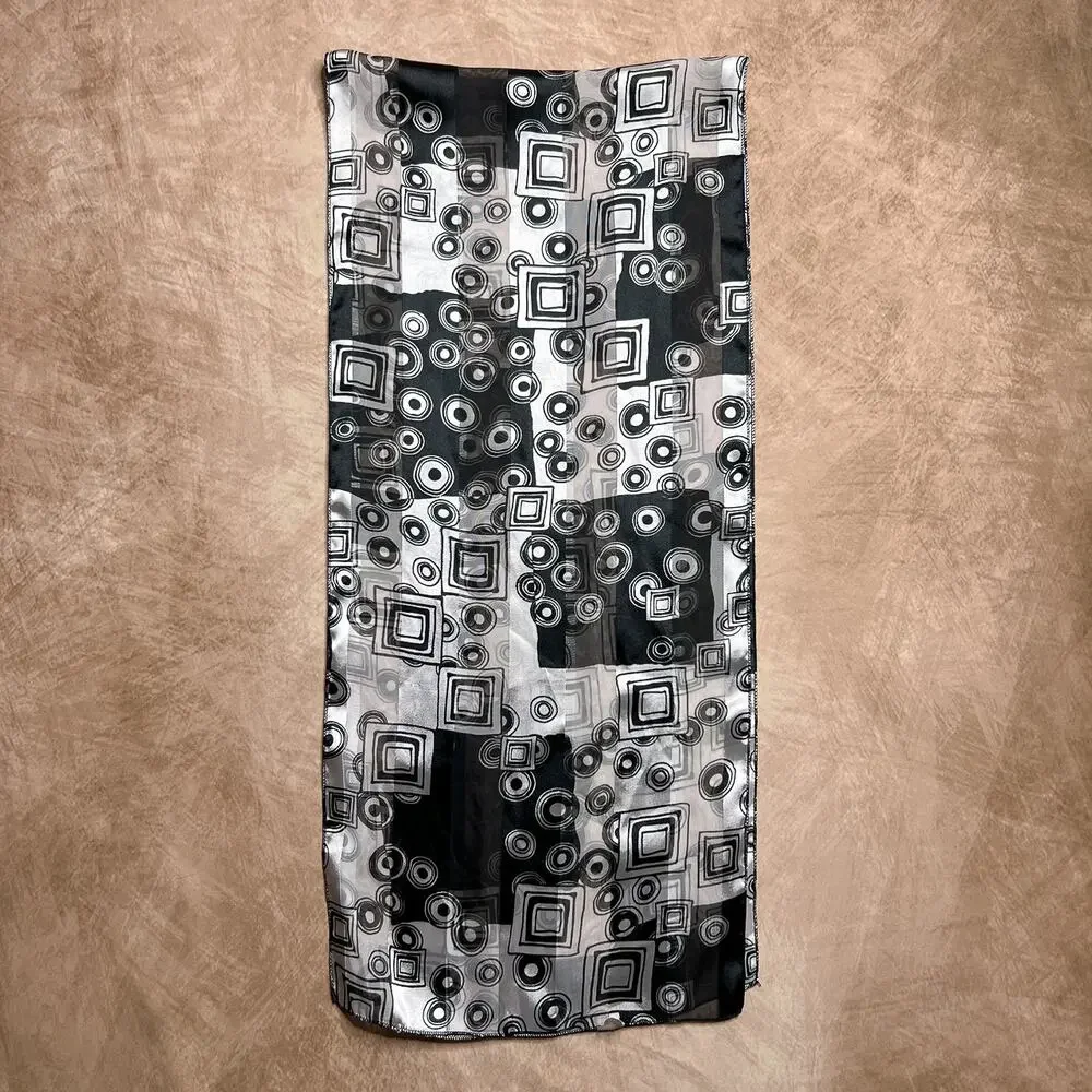 Vintage 90s Black & White Geometric Print Satin Scarf Rectangle Y2K McBling Euro